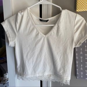 White lace crop top, short sleeve V neck from SHEIN